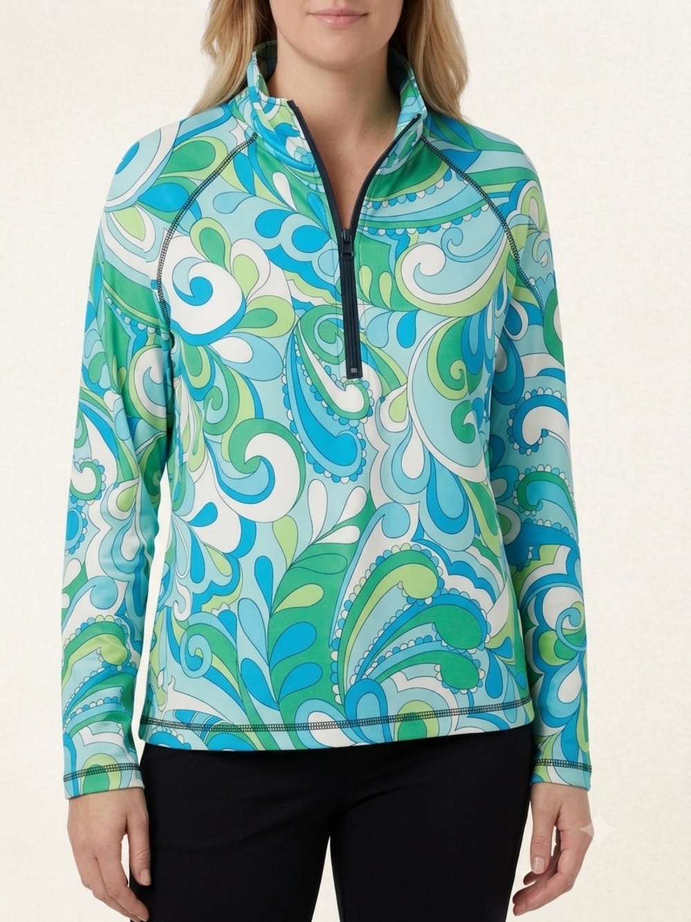 OLEG CASSINI SPORT Mod 1/4 Zip Pullover L 22” p2p Turquoise Multi NWOT